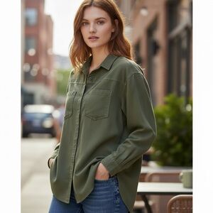 Billy T Cafe Relaxed Shirt Large Green Lyocell Button Up Utility Oversized